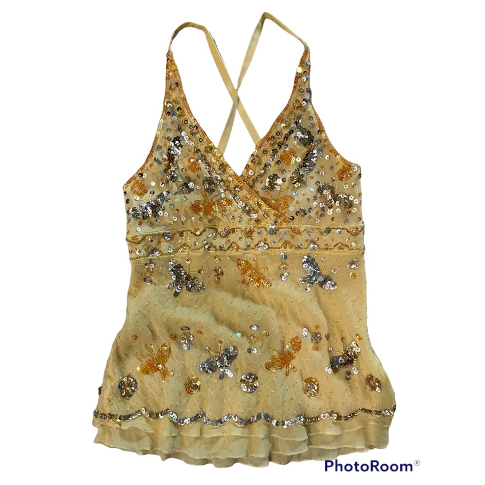 Y2K fairy yellow beaded sequin butterfly cross cross top